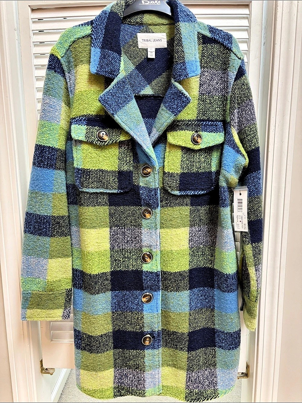 Tribal Jeans Bouclé Plaid Jacket Green & Blue Size Large